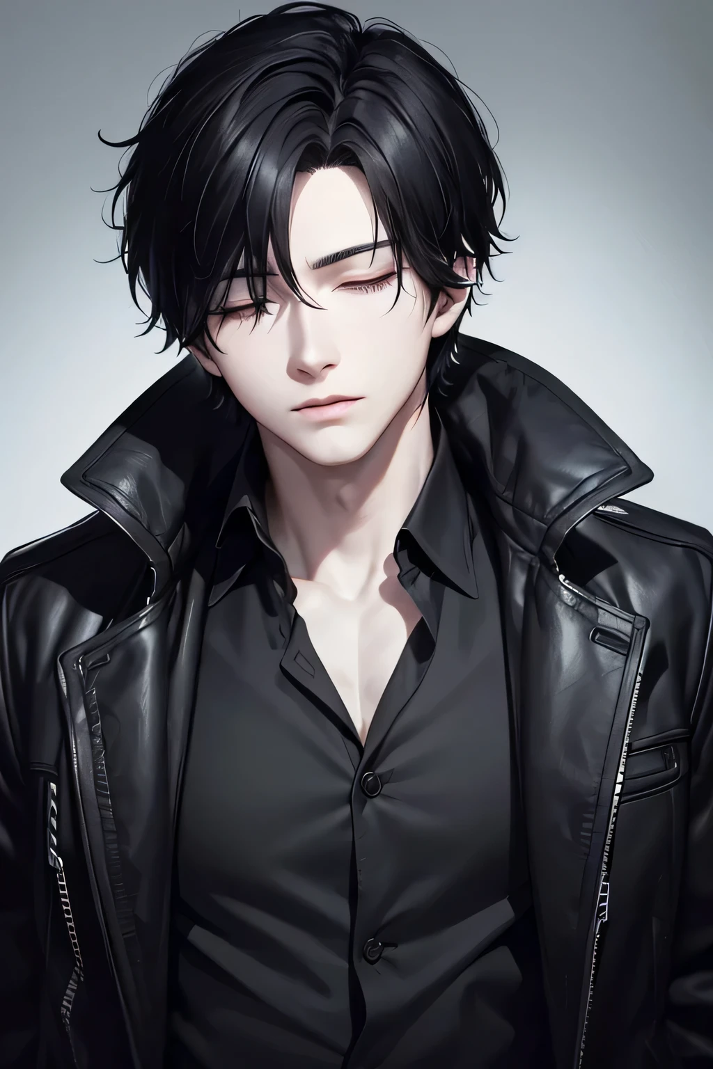a handsome boy, jet-black short messy black hair, pale skin, closed eyes, tokyo ghoul anime style, (best quality,4k,8k,highres,masterpiece:1.2),ultra-detailed