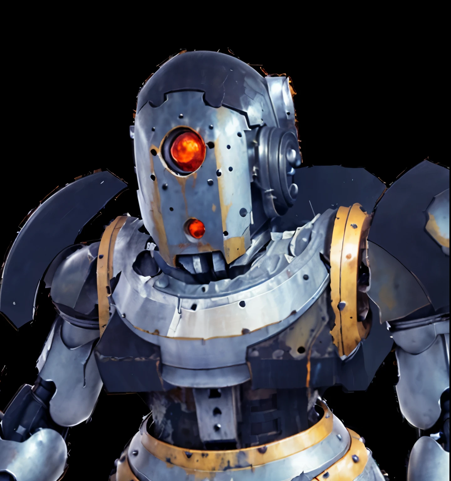 Detailed anime style, masterpiece, Studio quality, 6 thousand, full-length shot, full-length robot, demon and robot, armor damaged by bullets, rusty robot, rust, rivets, robot armor connected by rivets, a lot of rust, a lot of marks on the robot from bullets, broken glass