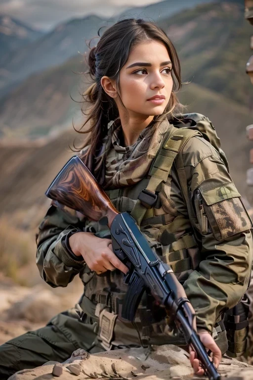 Masterpiece, a 20 years old beautiful arafed woman in a military uniform holding an AK47 rifle, chestnut hair, green eyes, slender athletic body, detailed eyes, a proud kurdish soldier, rojava, portrait of a female soldier, portrait of soldier girl, beautiful female soldier, kurdistan, of a sniper girl in war, holding an AK47 rifle, holding rifle, arms folded, portrait of a female ranger, portrait shot, by Arthur Sarkissian, determined face, with AK47 rifle, with AK47 rifle in hands, ultra high res.photorealistic:1.4, UHD, beautiful detailed Kurdistan landscape in the background