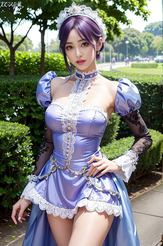 nsfw, sexy stylish Swedish model, only 1 female, ((doll-like appearance)), short purple stylish hair, shiny Victorian-Style boots, beautiful smile, ultra detailed eyes, vivid eye makeup, lipgloss, long lashes, defined eyebrows, ((sexy Paradise Kiss cosplay)), bell-shaped skirt, petticoats, high neckline, puffed sleeves, ((ultra detailed lace)), ((ultra detailed embroidery)), intricate details, Paradise Kiss accessoires and matching headpiece, choker, ((large sparkling Paradise Kiss jewelry)), cinematic light, detailed large park background with trees