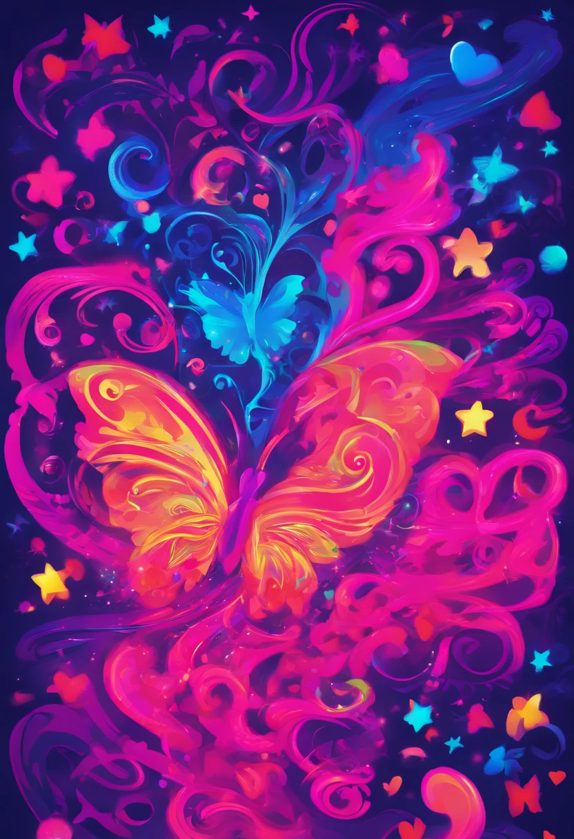 Dark blueHearts neon pink hearts pink and blue stars and neon pink and dark blue butterfly on white background