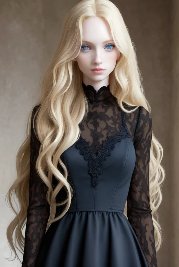 Slim girl, long, wavy blonde hair, blue eyes, pale skin and black dress