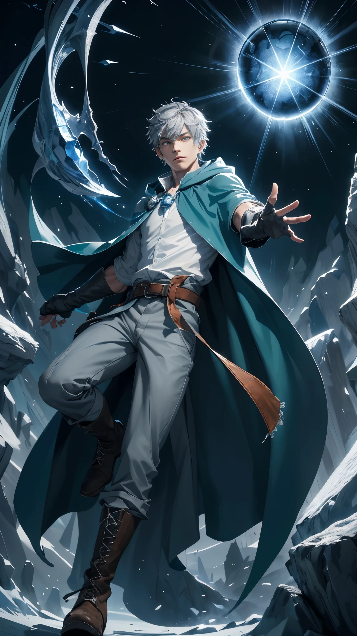 Design 1wizard man throwing a ray of frost. 22 year old man with dark blue hood and cape.Light gray hair Gray eyes Wearing a white button-down shirt Wearing green shorts Wearing a brown belt Wearing short brown boots Wearing blue gloves on your hands. Crea un fondo de llamas ((mejorar rostro))