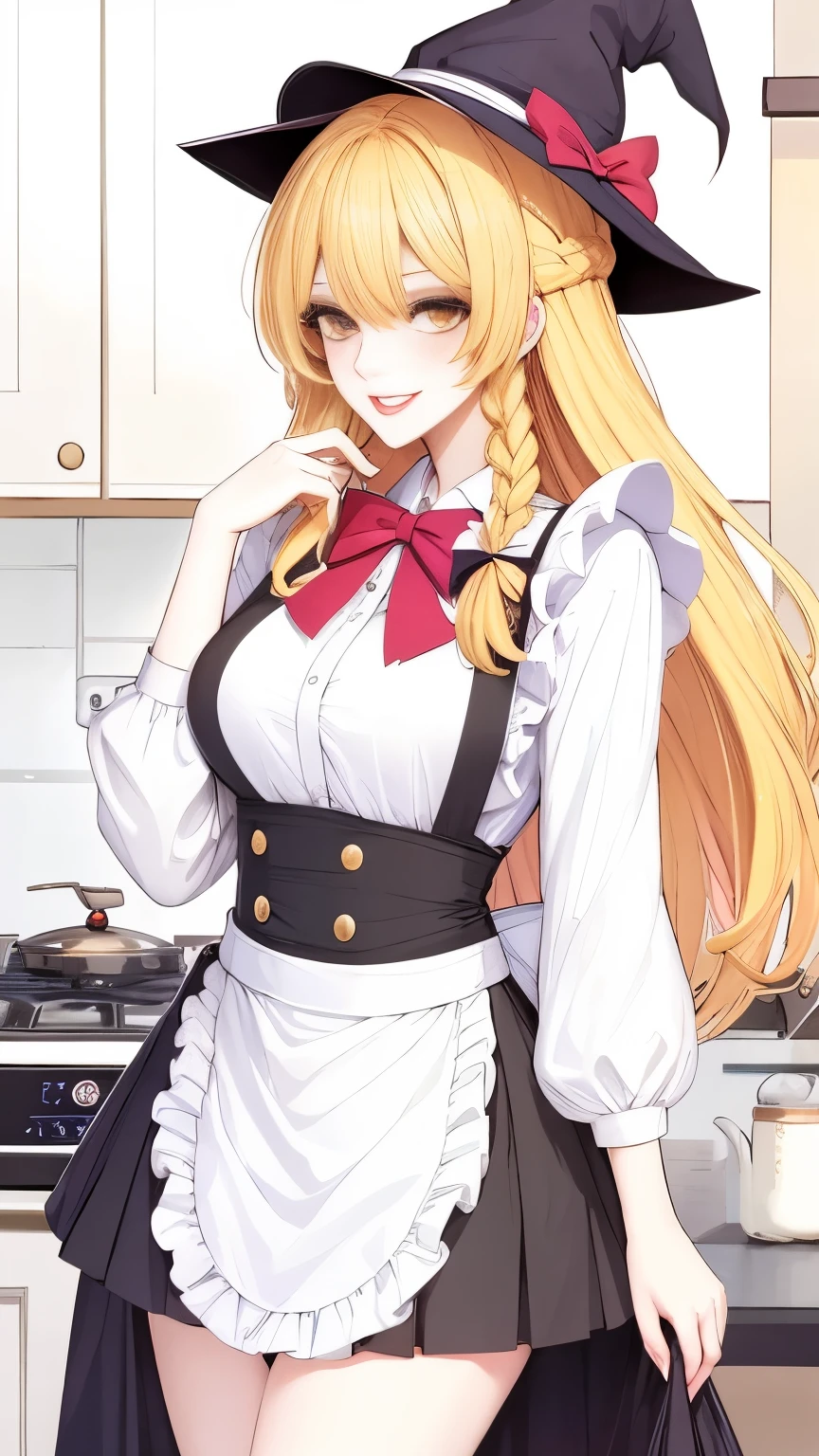 (masterpiece, best quality:1.2), 1girl, solo,mature_lady, delicate face,detail eyes,long hair, floating hair,medium breasts,floating clothes,,kirisame_marisa, touhou, apron, black_hat, black_skirt, black_vest, blonde_hair, blush, bow, braid, cowboy_shot, day, eyelashes, frilled_apron, frills, grin, hair_between_eyes, hair_bow, hand_up, hat, hat_bow, long_hair, long_sleeves, puffy_long_sleeves, puffy_sleeves, red_bow, shirt, sidelocks, single_braid, skirt, tsurime, very_long_hair, vest, waist_apron, white_apron, white_bow, white_shirt, witch_hat, yellow_eyes,in kitchen