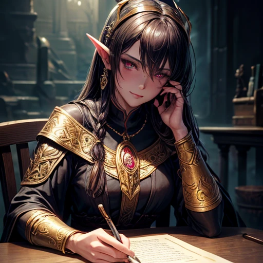 highest quality,masterpiece,masterpiece portrait,Intricate details,Magnificent Light,Fantasy,Dungeons & dragon,Retro,priest,Dark Elf,One girl,Wooden table,Shoulder strap,Grey Skin,Elegant smile,squint,Close-up portrait of a Mycenaean Drow woman wearing gold jewelry, Spider:0.9, web:1.0, Fantasy, Volumetric lighting, コンセプトart, Brush Stroke Style, artステーション, trend, Very detailed, art:Greg Rutkowski