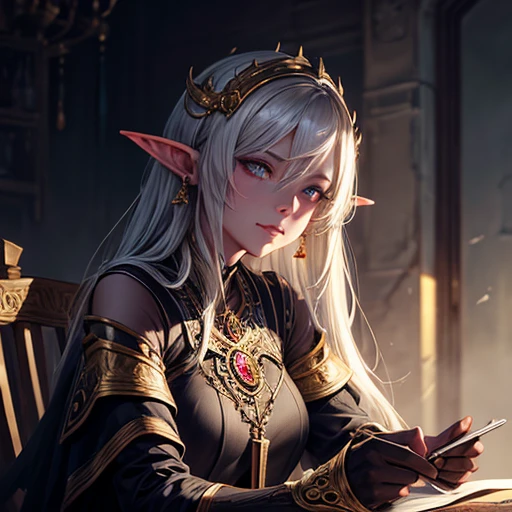 highest quality,masterpiece,masterpiece portrait,Intricate details,Magnificent Light,Fantasy,Dungeons & dragon,Retro,priest,Dark Elf,One girl,Wooden table,Shoulder strap,Grey Skin,Elegant smile,squint,Close-up portrait of a Mycenaean Drow woman wearing gold jewelry, Spider:0.9, web:1.0, Fantasy, Volumetric lighting, コンセプトart, Brush Stroke Style, artステーション, trend, Very detailed, art:Greg Rutkowski