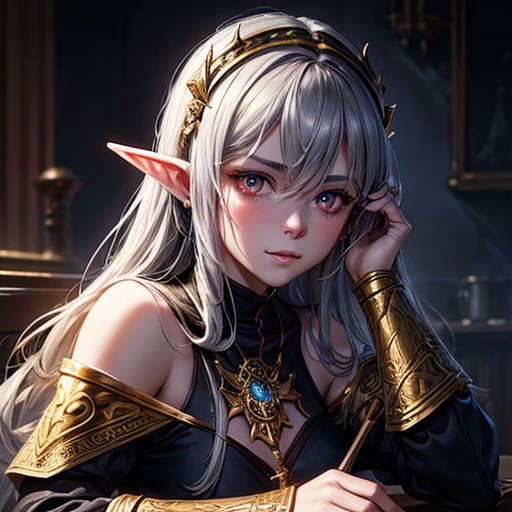 highest quality,masterpiece,masterpiece portrait,Intricate details,Magnificent Light,Fantasy,Dungeons & dragon,Retro,priest,Dark Elf,One girl,Wooden table,Shoulder strap,Grey Skin,Elegant smile,squint,Close-up portrait of a Mycenaean Drow woman wearing gold jewelry, Spider:0.9, web:1.0, Fantasy, Volumetric lighting, コンセプトart, Brush Stroke Style, artステーション, trend, Very detailed, art：Greg Rutkowski  