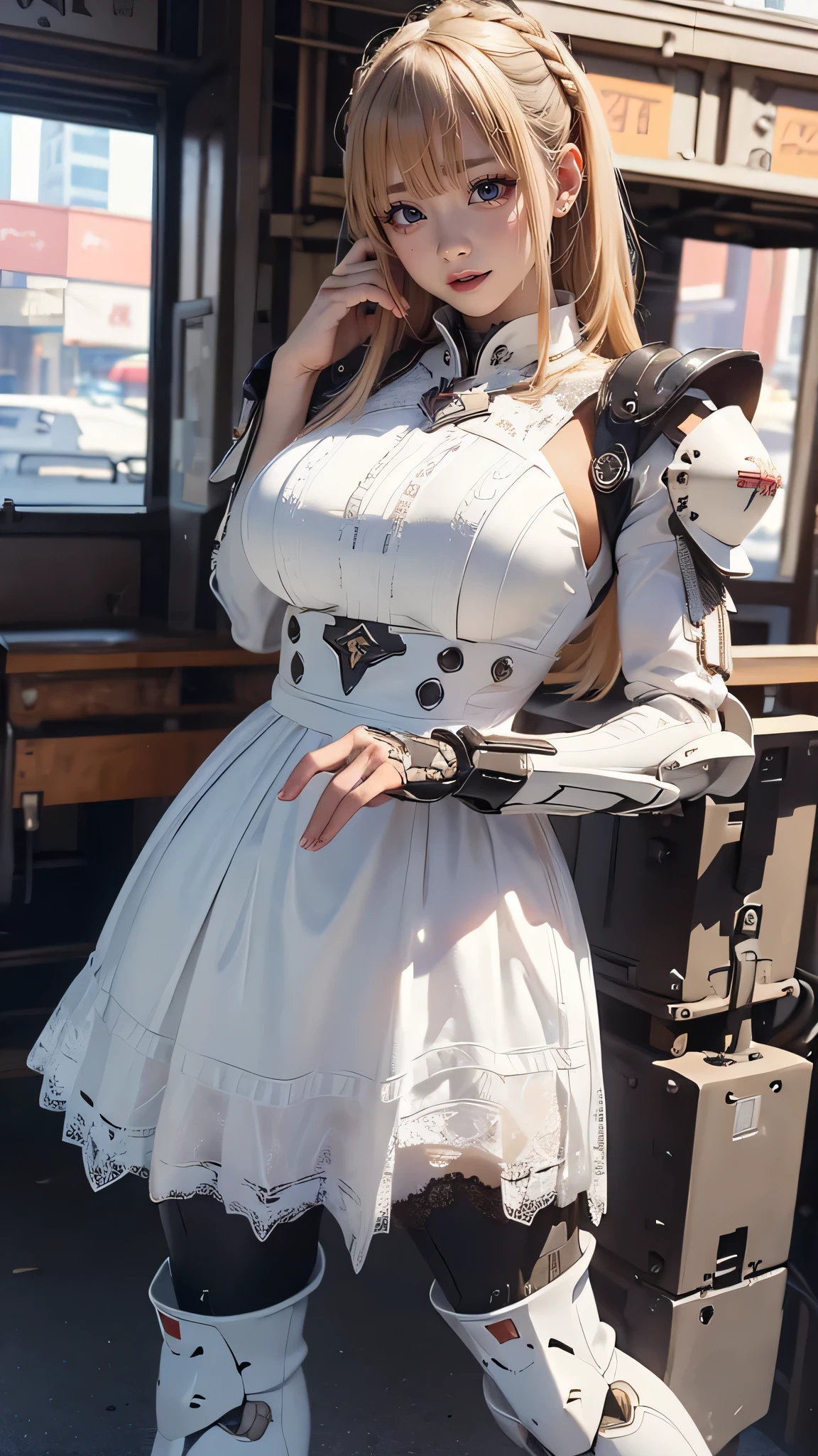 (random pose:1.5),(leather boots,(asymmetrical mecha armor),(long embroidered white lace dress,see through:1.2)),(random hairstyle),(Thin type:1.5),(large breasts),(Highest image quality,(8K), Ultra-realistic, Best Quality, High quality, High Definition, high quality texture, high detailing, Beautiful detailed, fine detailed, extremely details CG, Detailed texture, realistic representation of face, masterpiece, presence),(glasses:1.2)