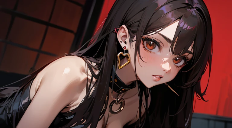 Chica anime de cabello negro, with brown eyes, pircing en el labio, pendientes en forma de cruz, un collar plateado, con ropa negra, mallas de red, botas altas de cuero negro, sentada cuerpo completo