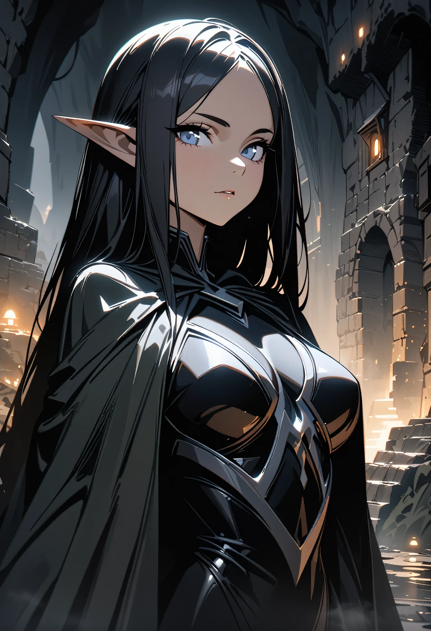 ultra-detailed, 2d, 4k, (best quality, masterpiece), (elf woman, 1 woman), (dark sleek armor, cloak), female focus, upper body, fantasy, dark cave, underground town, stone buildings, dimly lit, fog, faint lighting, grey lighting, (calm), looking at viewer,