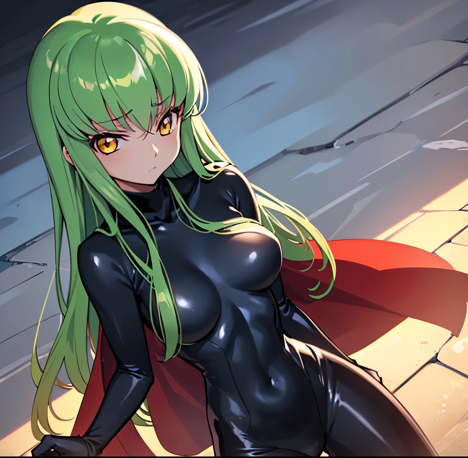 1 girl, alone, d.c., expressionless, frowning, (masterpiece, best quality, ultra detailed, best shadow, volumetric lighting), (beautiful detailed face, beautiful detailed eyes), (best lighting), orange eyes, long hair, green hair, (black bodysuit, zero suit: 1.1), neckline, black and red cape, zero \(code geass\), zero mask, (cowboy photo: 1.3), medium breasts, medium waist, wide hips, wide thighs , round butt, facing the viewer, head on, I focused on the breasts, point of view (from above), mksks style, beautiful background, professional lighting, landscape with warm colors, perfect anatomy, perfect hands