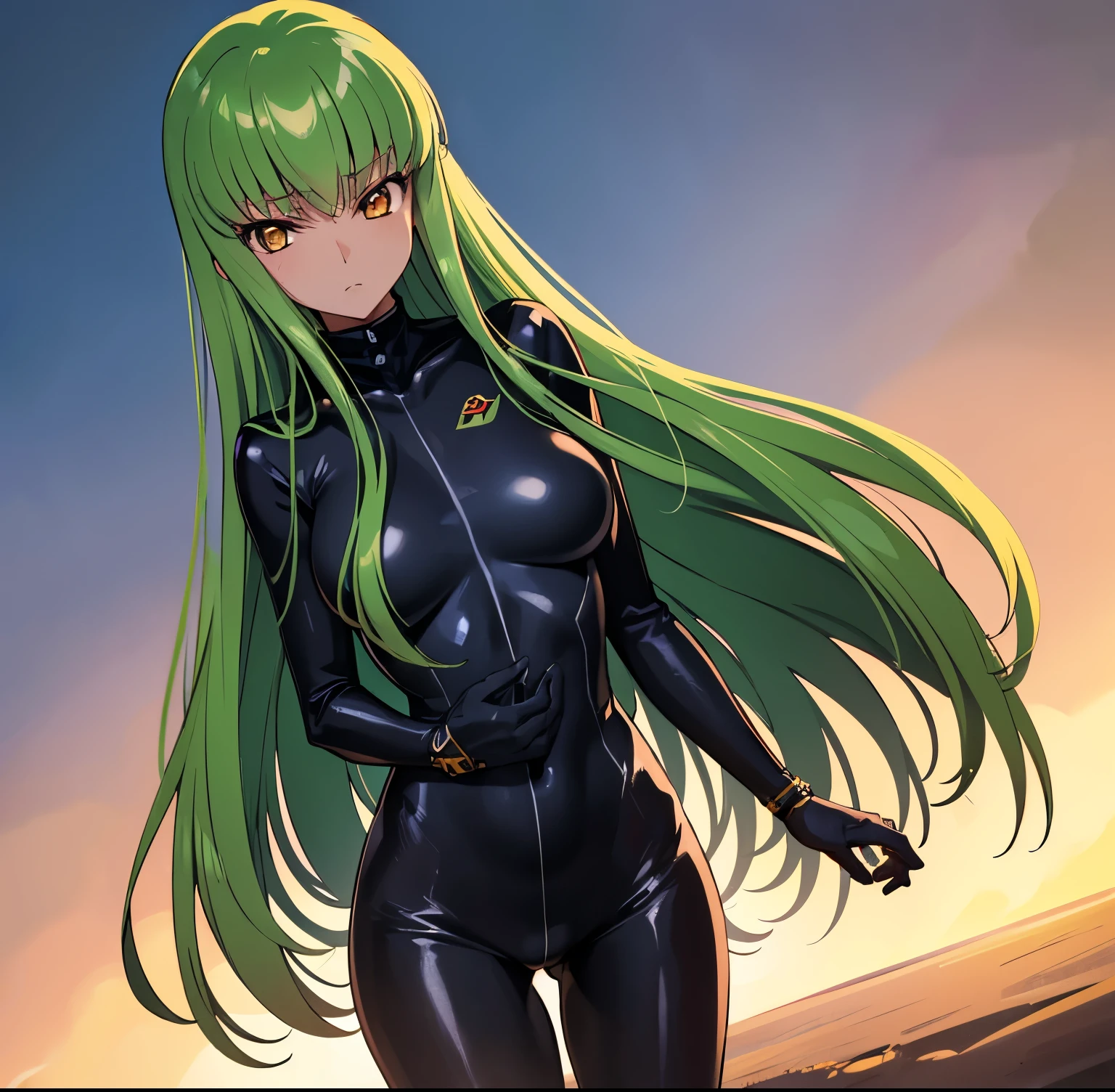 1 girl, alone, d.c., expressionless, frowning, (masterpiece, best quality, ultra detailed, best shadow, volumetric lighting), (beautiful detailed face, beautiful detailed eyes), (best lighting), orange eyes, long hair, green hair, (black bodysuit, zero suit: 1.1), neckline, black and red cape, zero \(code geass\), zero mask, (cowboy photo: 1.3), medium breasts, medium waist, wide hips, wide thighs , round butt, facing the viewer, head on, I focused on the breasts, point of view (from above), mksks style, beautiful background, professional lighting, landscape with warm colors, perfect anatomy, perfect hands