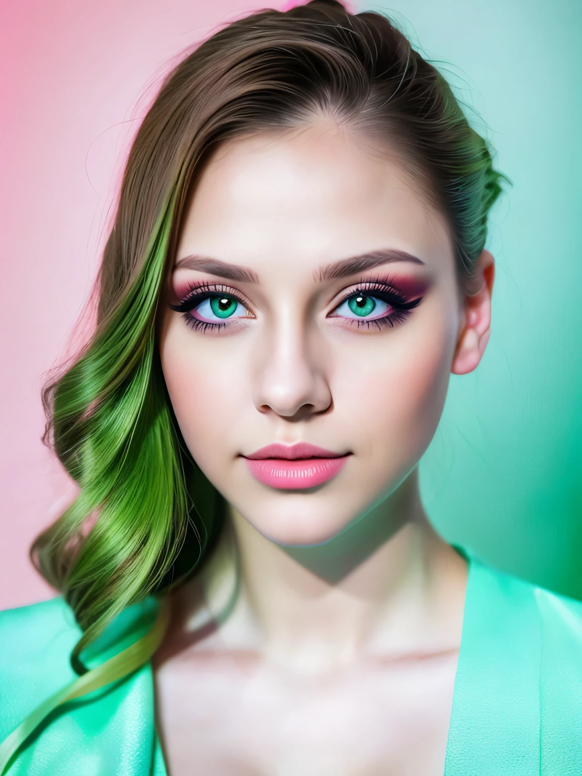 Photo of Ukrainian woman. Fits the face. 25 years old, sharp chin, raw photo, masterpiece, highly detailed photo, DSLR, photorealistic 3.9, ultra high resolution, top quality, pink lips, perfect makeup, big, bright green eyes, white