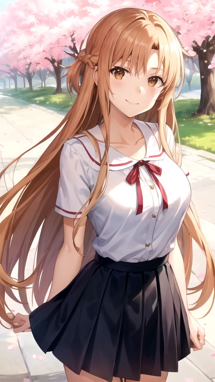 Yuuki Asuna,long hair, brown hair, braid, brown eyes,large breasts,,white shirt,short sleeves,pleated skirt,black skirt,red ribbon, neck ribbon,cowboy shot,standing,smile,closed mouth,outdoors,cherry blossoms,lower body,   