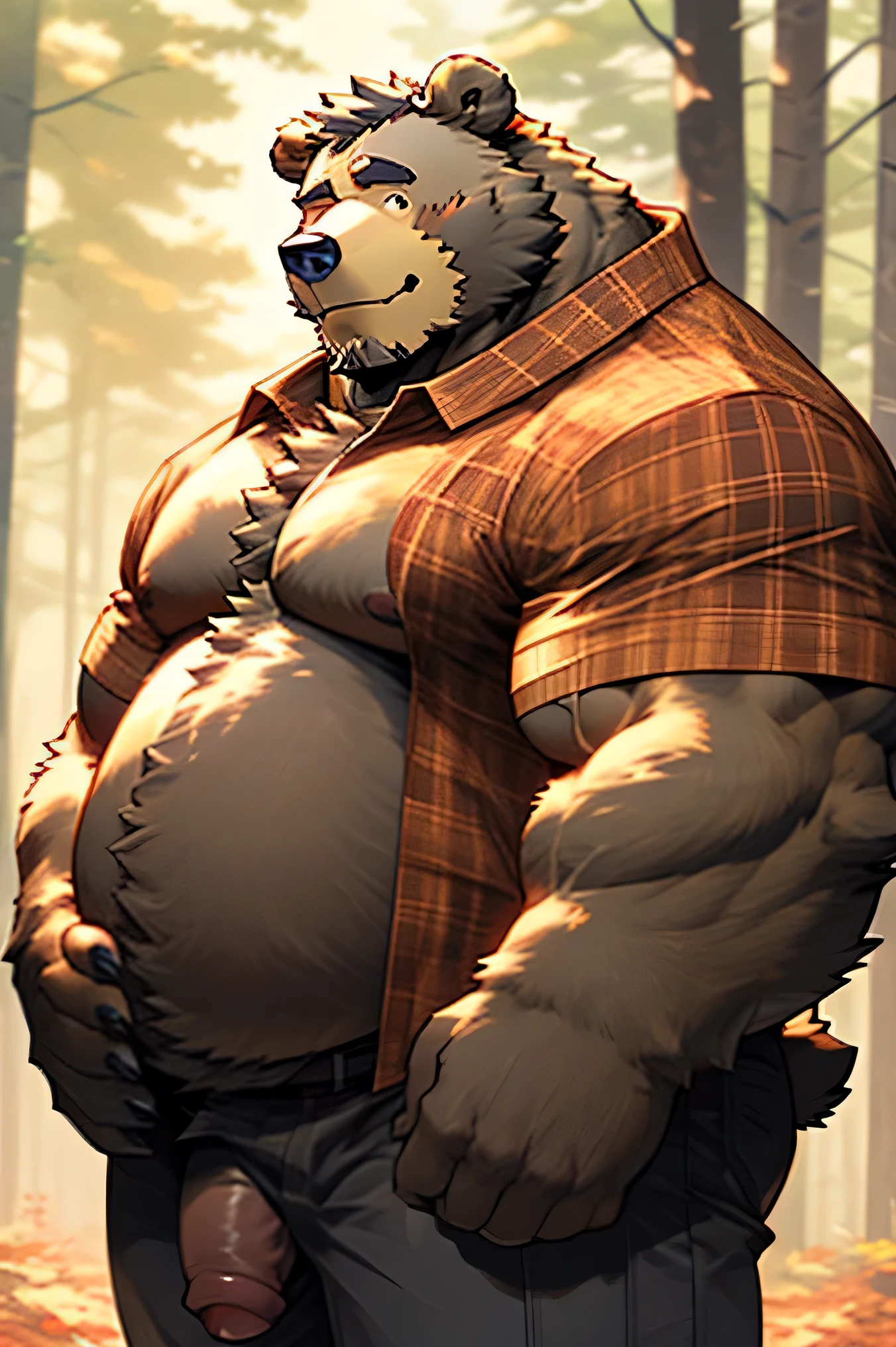 ((thdrgnrd12)) , ((full body)), score_9, score_8_up, ((bear)), (brutal bear), ((bear brute)), ((lumberjack bear)), massive bear, burly bear, ((massive bear)), ((huge bear)), giant bear, (buff bear), (beefy bear), (bulky bear), ((cute bear)), ((daddy bear)), ((burly daddy bear)), (bear daddy), (chubby bear), ((solo)), ((furry)), (anthro), ((fur)), ((brown fur)), detailed fur, male, male focus, muscular, heavy bear, heavy muscular bear, hefty, (powerlifter), muscular, muscular male, (beefy), (buff), (huge biceps), belly, big belly, musclefat, barazoku, bara, naked, nsfw, big biceps, hand on belly, ((hand on gut)), ((scratching head)), musclegut, (massive muscular body), massive body, huge body, veiny arms, veiny hands, veiny muscles, veiny triceps, veiny forearms, veiny biceps, thick thighs, thick waist, huge pectorals, big pecs, (burly), (big black nipples), (naked), nude, rating_explicit, veiny muscles, veiny biceps, massive pecs, massive pectorals, massive male chest, thick thighs, bear nose, (huge biceps), (veiny biceps), (big biceps), big hands, bear head, mature male, brute, ((bear)), ((brown fur)), (brown body), ((fangs)), (bear fangs), beard, black sideburns, ((short black hair)), (hairy armpits), (armpit hair), (hairy arms), (arms hair), (hairy biceps), (biceps hair), chest hair, (chest tuft), belly hair, stomach hair, belly tuft, pubes, elbow tuft, stomach tuft, bushy beard, (thick penis), big balls, veiny penis, ((wearing lumberjack shirt)), checkered shirt, ((red checkered lumberjack shirt)), ((red shirt)), ((unbuttoned shirt)), (gentle smile), (smiling bear), (smile), (cute smile), shy smile, looking at viewer, centered, (golden ratio), golden ratio, (centered portrait:1.5), (centered), padded sides, closed mouth, standing, ((forest background)), standing in the forest, forest, character design, relaxed, hand on belly, ((hand on gut)), ((scratching head)),nj5furry