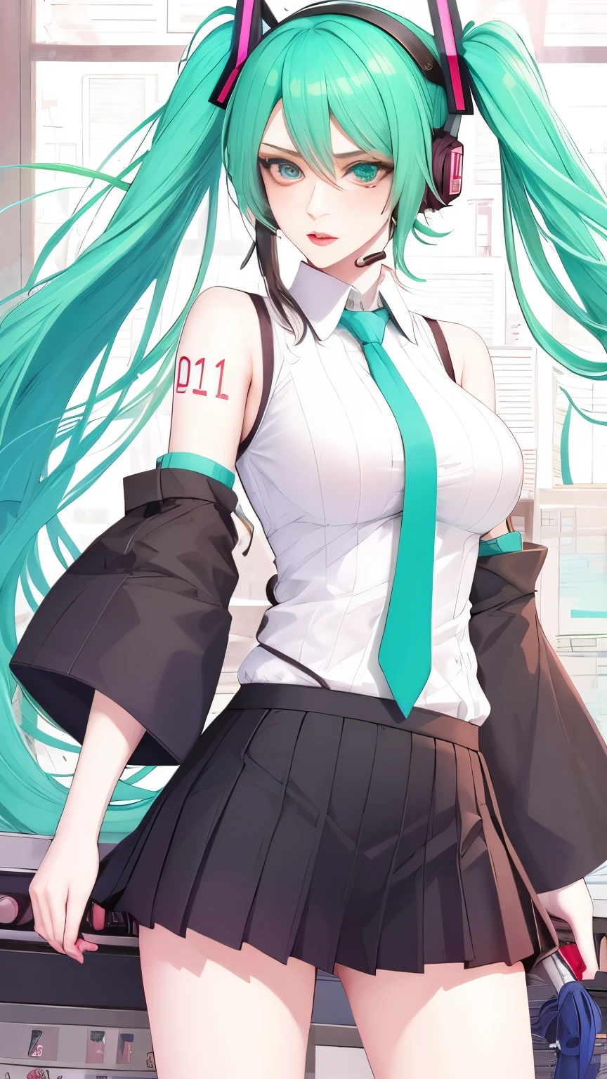 (masterpiece, best quality:1.2), 1girl, solo,mature_lady, delicate face,detail eyes,long hair, floating hair,medium breasts,floating clothes,,hatsune_miku, vocaloid, aqua_eyes, aqua_hair, aqua_necktie, black_skirt, black_sleeves, blush, breasts, collared_shirt, detached_sleeves, headphones, headset, long_hair,  medium_breasts, necktie, number_tattoo, paper, pleated_skirt, shirt, skirt, sleeveless, sleeveless_shirt, sweatdrop, tattoo,twintails, v-shaped_eyebrows, very_long_hair, white_shirt,on stage