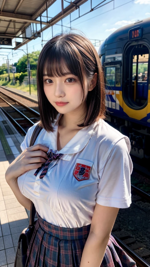 (masterpiece:1.2, highest quality), bokeh, 1 high school girl,
(Japanese idle:1.6), Plump breast, Blushed face, short bob hair, Looking at the viewer, standing at the train railway, high school uniform:1.6), sundown, Close up, expresses the roundness and softness of your chest