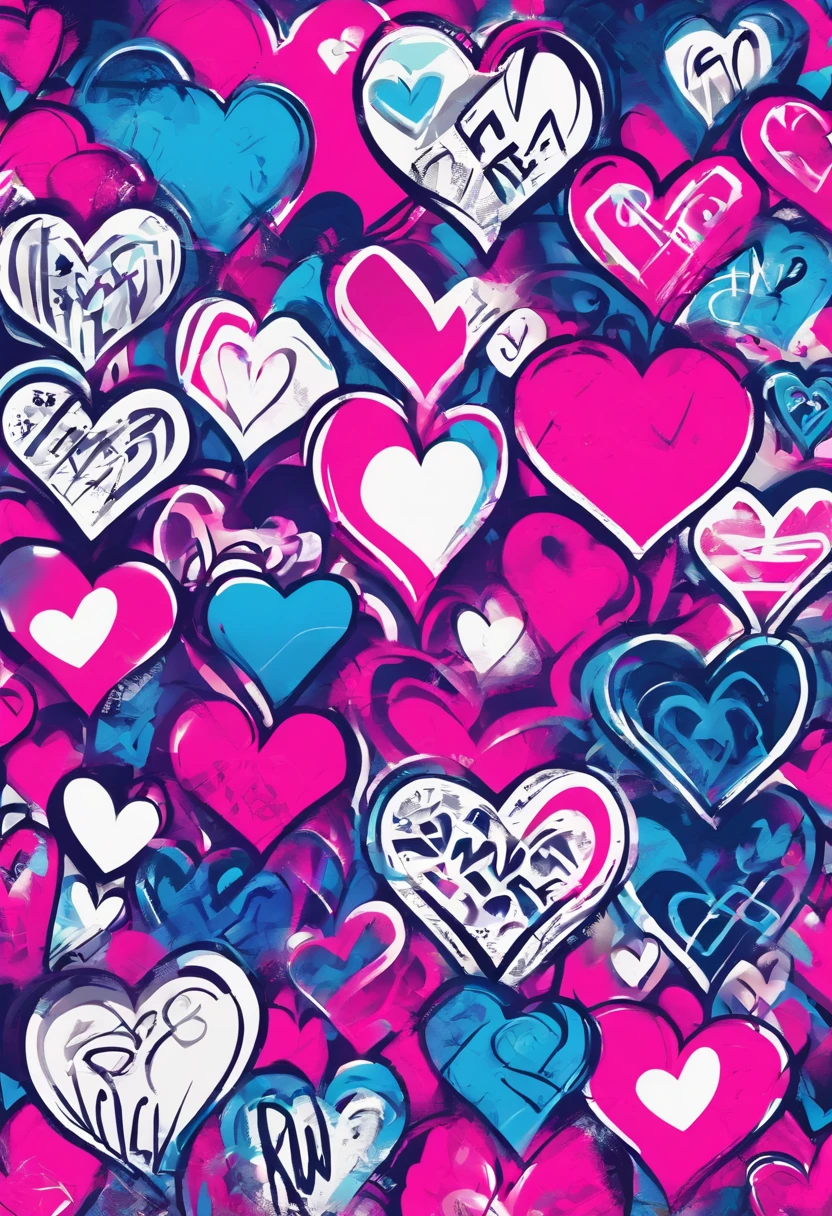 Neon pink hearts dark blue hearts on white background