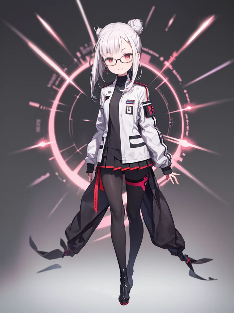 masterpiece, highest quality, 8k, Super detailed, woman, smile, (Concept Art, Official Art,whole body), Simple Background, ((1) Hair Bun)), white hair, Red eyes, Asymmetrical bangs, thin, (Futuristic uniforms), ((black pantyhose)), (((white) Knee-high boots)), Pleated skirt, white jacket, (Red Frame) Wayfarer Glasses, (black) turtleneck, 18-year-old, cute,