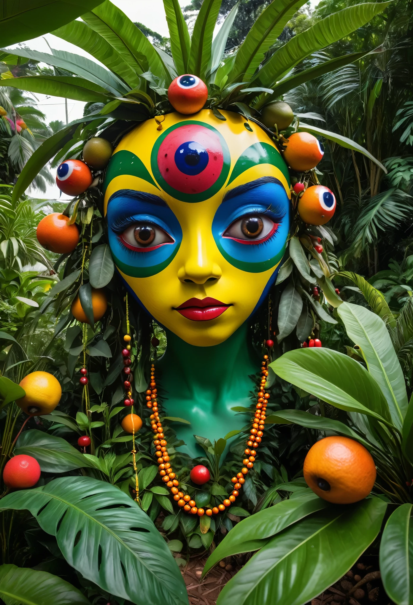 Anthropomorphic forest spirit in a garden full with uncanny plants imbued with sentience, with guarana type fruits looking like eyes, surrounded by colourful representations of m-RNA in a Brazilian Carnaval vibe full of scientific sophistication.