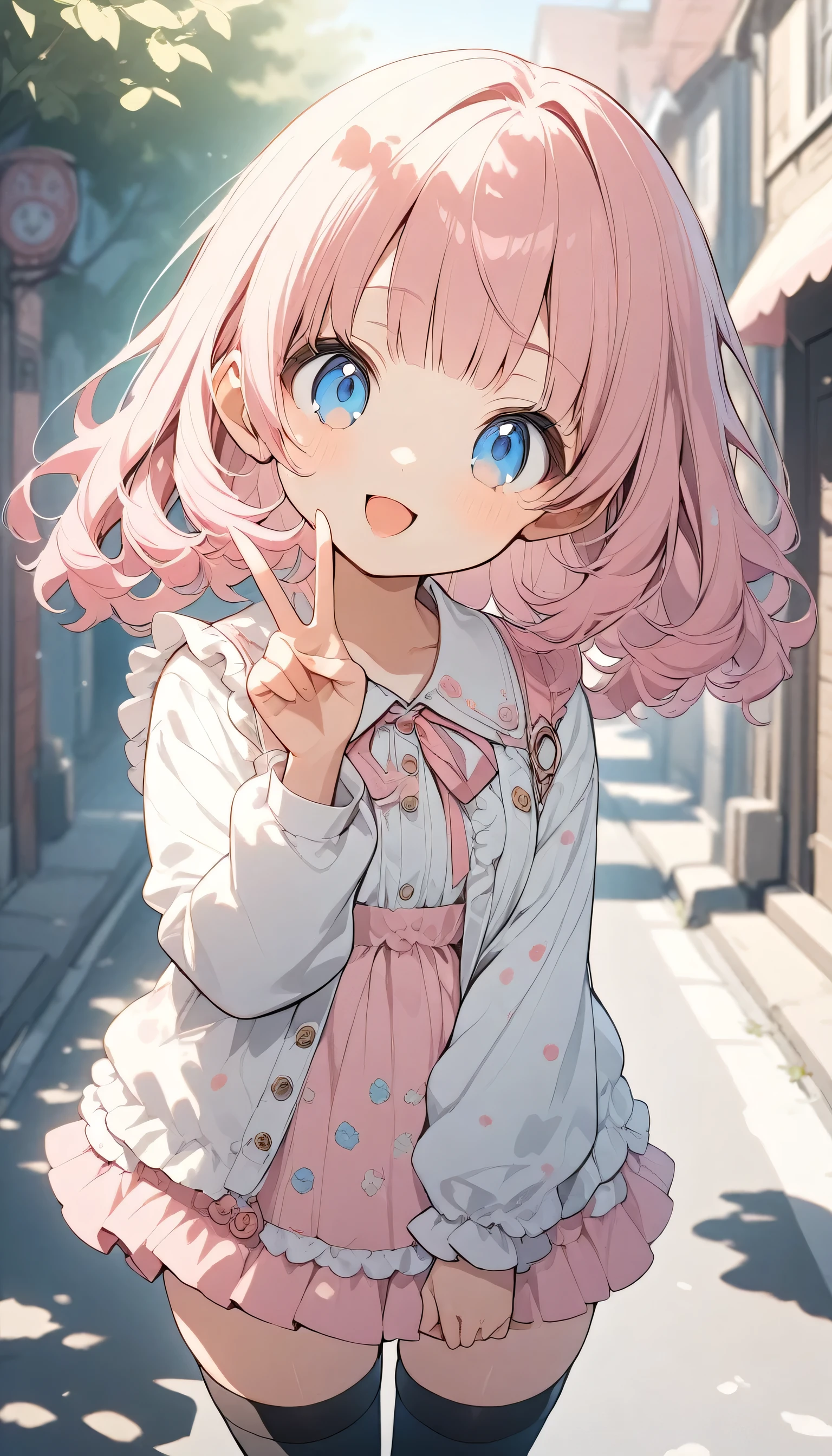 anime style, super detailed illustrations, very detailed, beautiful, 8K,

( solo), pretty , ultra cute kawaii,open one's mouth, Best smile, (scary and cute  fashion:1.4), (outdoor, town street)
,pink hair,Short straight bangs, smile,blue eyes,
,(make a peace sign:1.2), full body
,(dappled sunlight:1.2),blurry,(Depth of the bounds written:1.1),head tilt,(thigh-high socks thighhighs:1.3),(upper body:1.3)