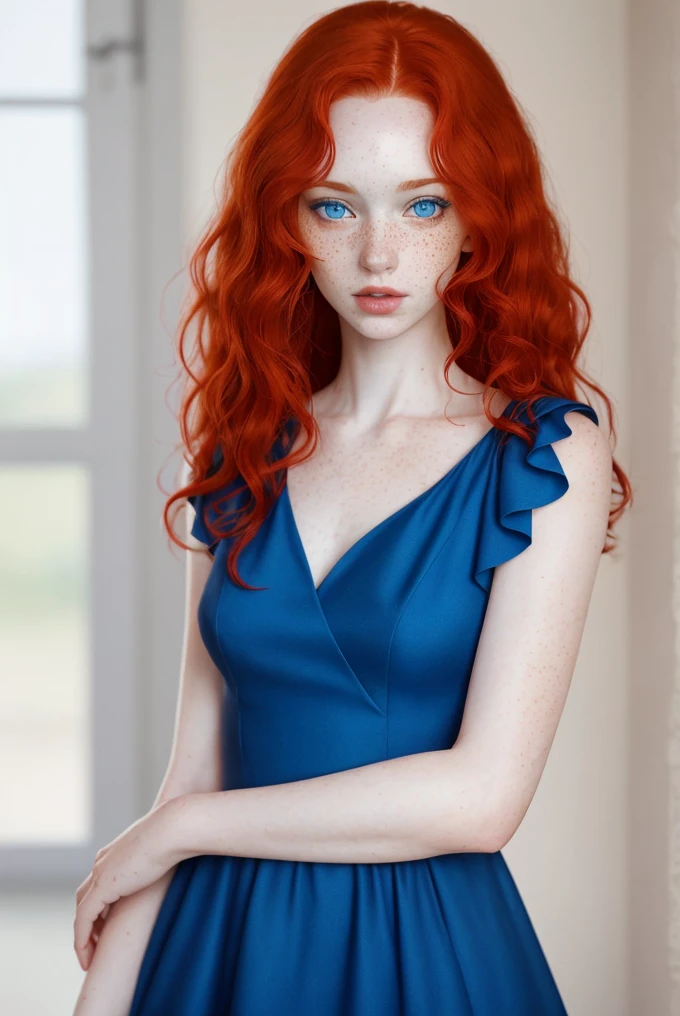 Slim girl, blue eyes, wavy red hair, pale skin with freckles, blue dress
