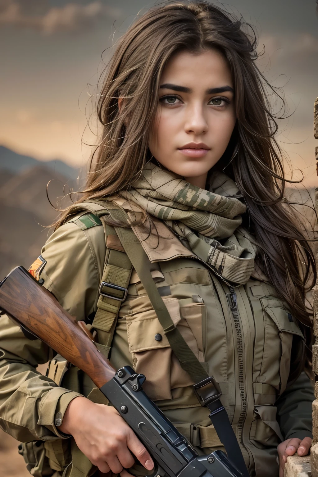 Masterpiece, a 20 years old beautiful arafed woman in a military uniform holding an AK47 rifle, chestnut hair, green eyes, slender athletic body, detailed eyes, a proud kurdish soldier, rojava, portrait of a female soldier, portrait of soldier girl, beautiful female soldier, kurdistan, of a sniper girl in war, holding an AK47 rifle, holding rifle, arms folded, portrait of a female ranger, portrait shot, by Arthur Sarkissian, determined face, with AK47 rifle, with AK47 rifle in hands, ultra high res.photorealistic:1.4, UHD, beautiful detailed Kurdistan landscape in the background