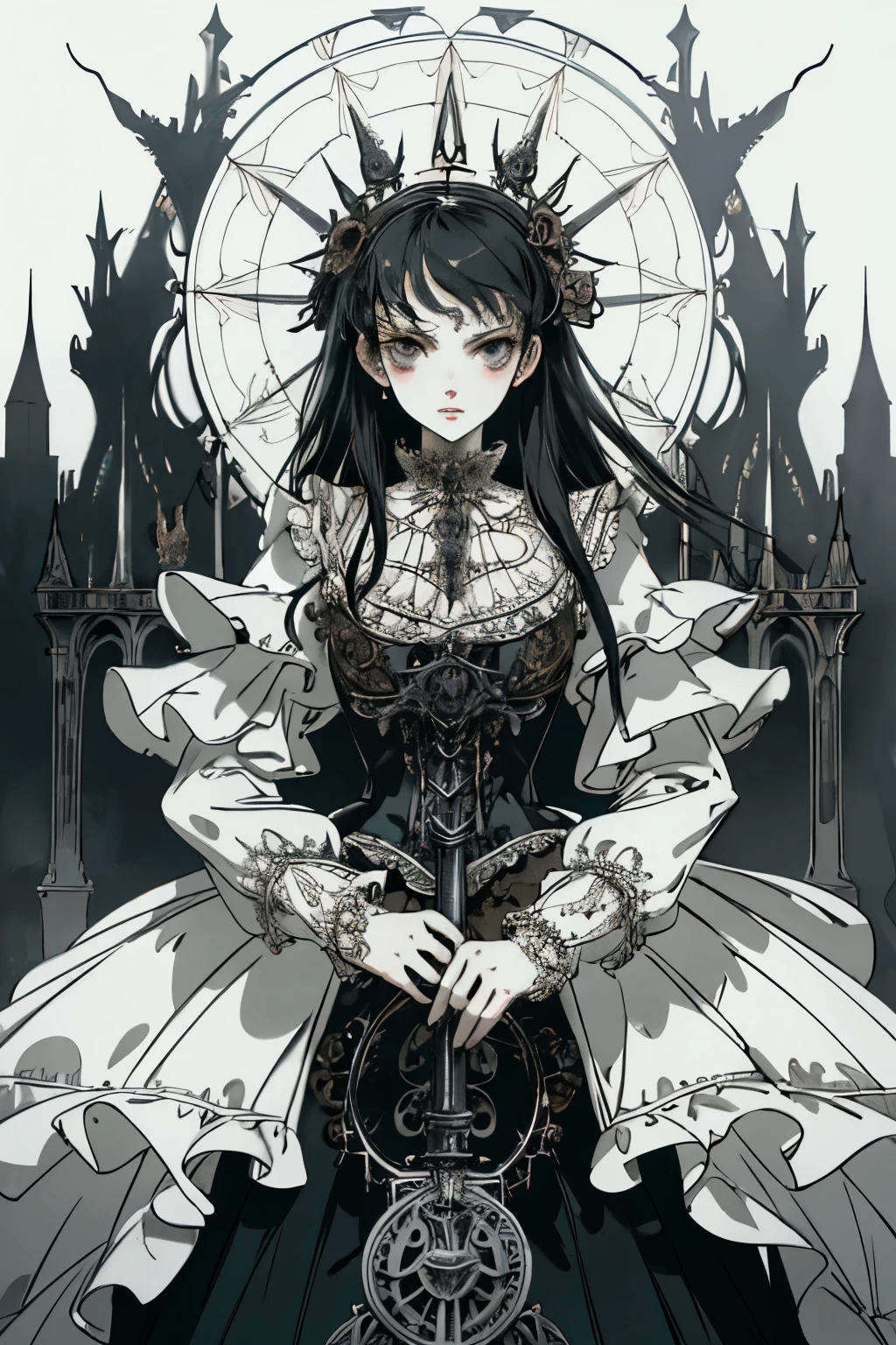 ((best quality)), ((masterpiece)), (detailed), perfect face ((best quality)), ((masterpiece)), (detailed), blank white background, plain background, white background, Bloodborne inspired, occult aesthetic, occult, detailed and intricate steampunk and detailed gothic, (zentangle, mandala, tangle, entangle), NSFW, torn clothing, Very dramatic and cinematic lighting, cosmic horror, grim-dark, side-lighting, perfect face, a beautiful goddess adorned and enshrined in armour, Bloodborne inspired , occult aesthetic , occult , detailed and intricate steampunk and detailed gothic , wielding a sword and holding a shield, NSFW, Fluttering lace flared short dress with frilly petticoats, knee length dress, pleated petticoats, lolita dress, petticoats gothic lolita, side-lighting, gothic lolita aesthetic, beautiful small breasts, small breasts, full body, whole body, body, plain background, white background, blank background, no background, white background NSFW, full body, whole body, head-to-toe