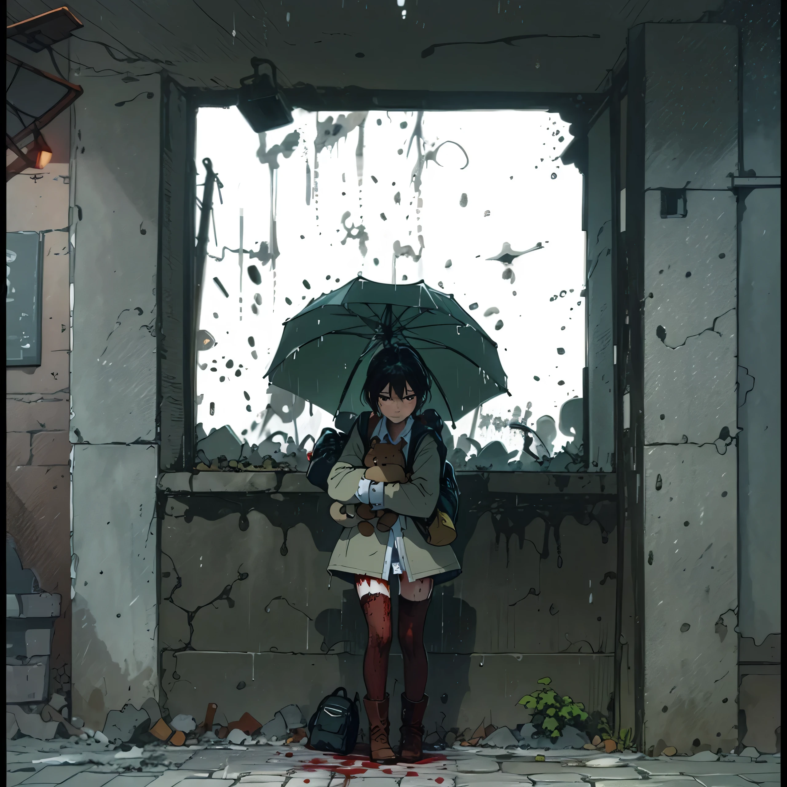 Holding a teddy bear , standing in front of billboard with rain wet umbrella, blood stained cobblestone, a small backpack