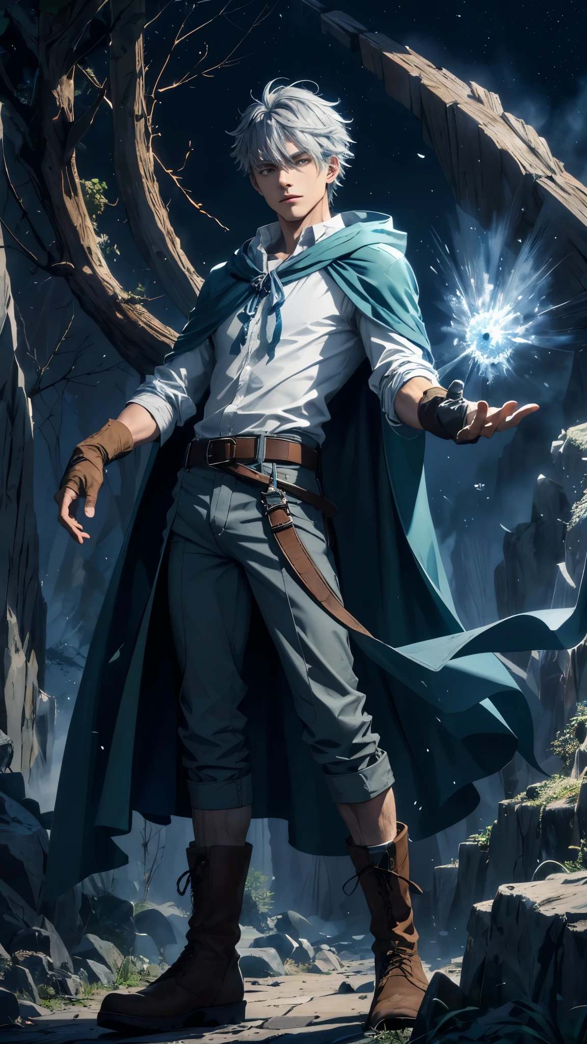 Design 1wizard man throwing a ray of frost. 22 year old man with dark blue hood and cape.Light gray hair Gray eyes Wearing a white button-down shirt Wearing green shorts Wearing a brown belt Wearing short brown boots Wearing blue gloves on your hands. Crea un fondo de llamas ((mejorar rostro))