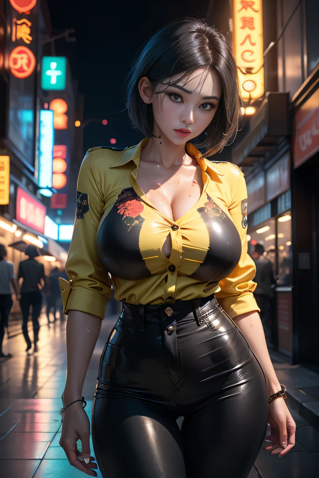 sfw, Outdoors, black mature woman, wearing yellow and red floral shirt, wearing black dress pants, blue eyes, glowing eyes, short hair, grey skin, club environment, night, blue neon signs, 8k, Unreal engine, highly detailed, photorealistic, wet clothes, dripping wet、 wearing bra,((skinny waist)), young asian girl, ((big breasted)),