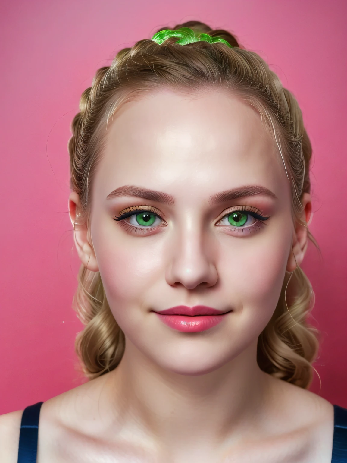 Photo of Ukrainian woman. Fits the face. 25 years old, sharp chin, raw photo, masterpiece, highly detailed photo, DSLR, photorealistic 3.9, ultra high resolution, top quality, pink lips, perfect makeup, big, bright green eyes, white