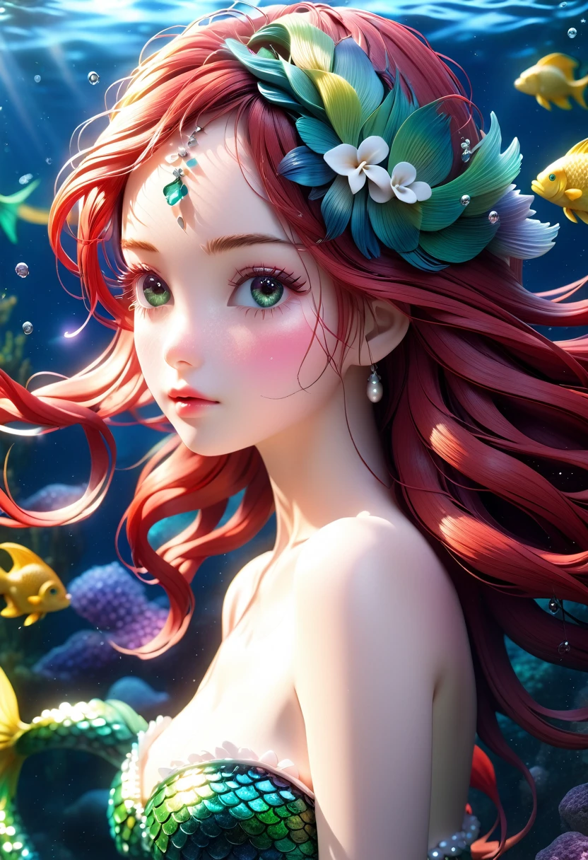 (Best quality,4k,8k,high resolution,masterpiece:1.2),ultra-detailed ,25-year-old woman magically transforms into a pretty mermaid, transformation fantastique,Aux yeux rouges,beautiful detailed eyes,very long, spiky red hair,bonheur, long, detailed mermaid tail with shimmering green scales, soutien-gorge coquillage orné de perles,paire de branchies de poisson sur son torse, longues nageoires pelviennes, bandeau ruban rouge et noir, starfish hair clips, ornements de cheveux en perles, boucles d&#39;oreilles et bracelets en perles, collier de perles, Des accessoires accrocheurs,beautifully detailed lips,Elle sourit,embrace your new life with a mermaid, vérifier son beau nouveau corps,Monde sous marin,colorful coral reef,Magical underwater lighting,Des couleurs vives,respirer sous l'eau,infinite ocean depths,sunlight filters through water,expression joyeuse,playful mermaid poses,Swim with grace,Environnement serein et paisible,Eau gazeuse,reflets de l'eau,ethereal atmosphere,lueur subtile,fantaisiste et enchanteur,mythical creatures,une vie marine curieuse,algue,coquillages,transformation heureuse,fantasy ocean adventure,beauty of the ocean depths