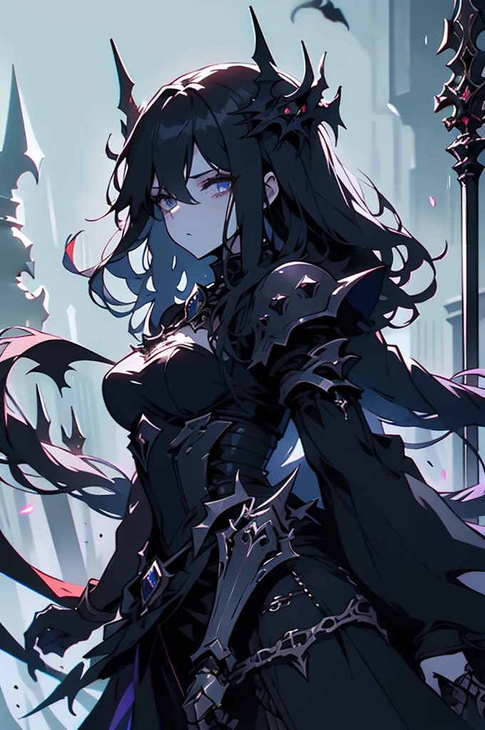 score_9, score_8_up, score_7_up, score_6_up, score_5_up, score_4_up, skeleton girl, death knight, long hair, solo, holding spear, gauntlets, armored, dark theme