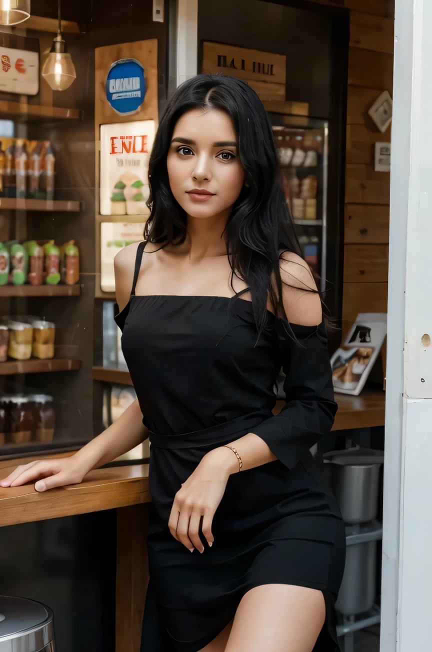 woman, black hair, long black dress, looking at the camera, in a kiosk