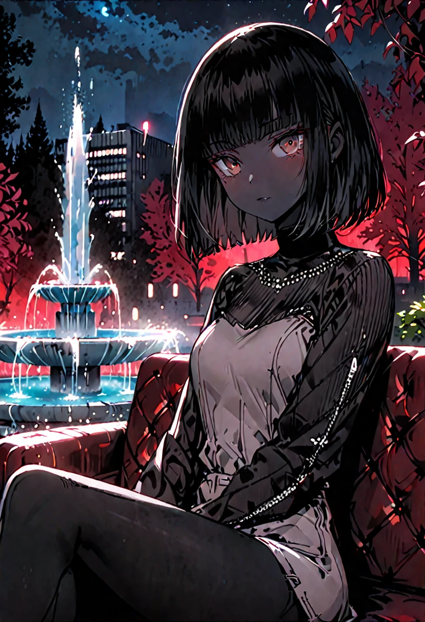 solo, female, sfw, medium shot, long hair, black hair, bob cut hair, futuristic, brutalist architecture, red forest landscape, brown eyes, black skin, sitting, velvet couch, close up, casual clothes, night, fountain, blush