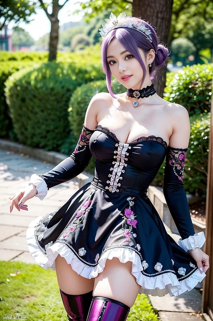 (nsfw), sexy stylish Swedish model, only 1 female, ((doll-like appearance)), short purple stylish hair, ((shiny Victorian-Style boots)), (big smile), ultra detailed eyes, vivid eye makeup, lipgloss, long lashes, defined eyebrows, ((sexy Paradise Kiss cosplay)), bell-shaped skirt, petticoats, high neckline, puffed sleeves, ((ultra detailed lace)), ((ultra detailed embroidery)), intricate details, Paradise Kiss accessoires and matching headpiece, choker, ((large sparkling Paradise Kiss jewelry)), cinematic light, detailed large park background with trees