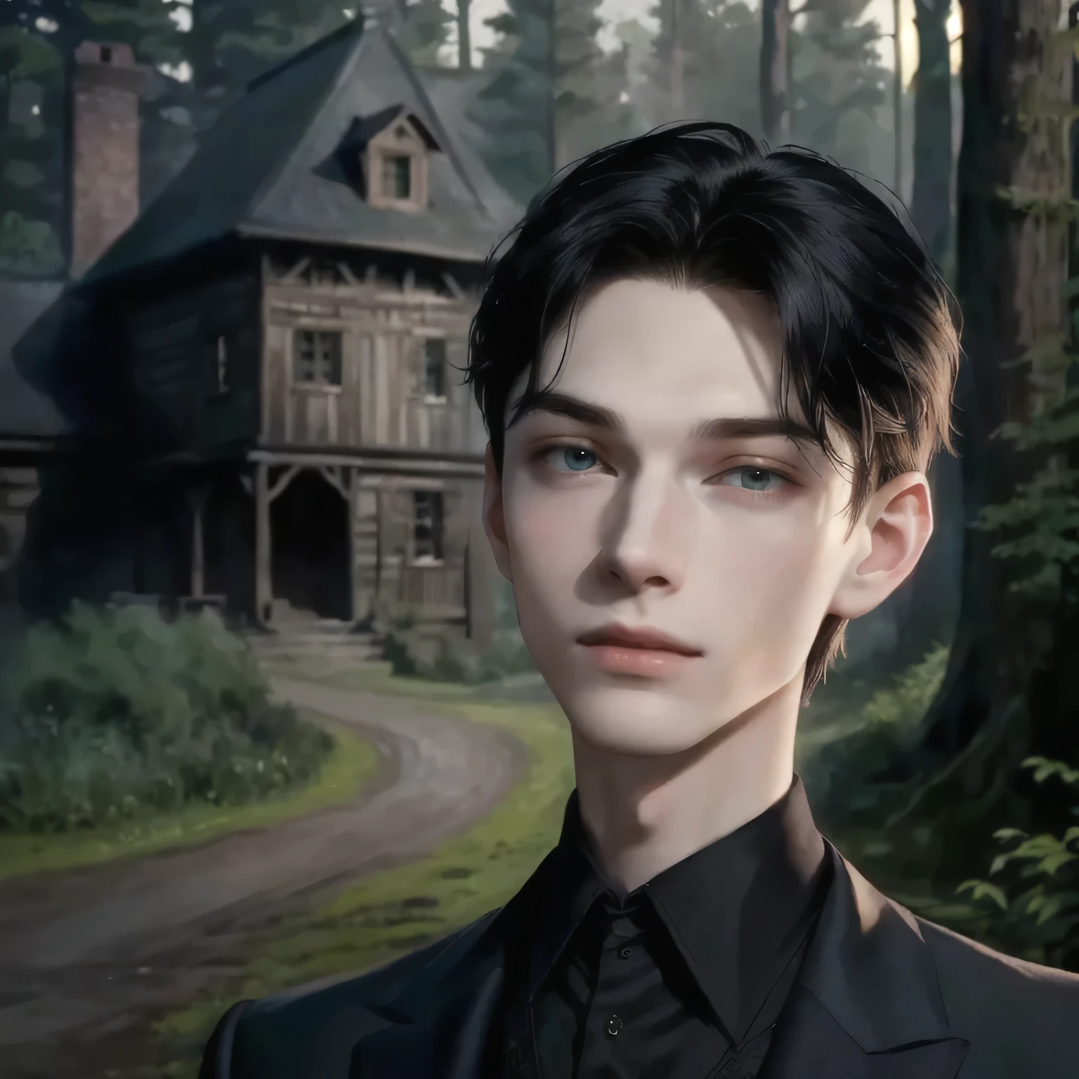 twilight, in the foreground is the face of a young man (18 years), Tom Riddle, Beautiful face (pale skin, high cheekbones, black hair), stylized portrait, masterpiece, Highest quality; in the background there is a forest and an old wooden house