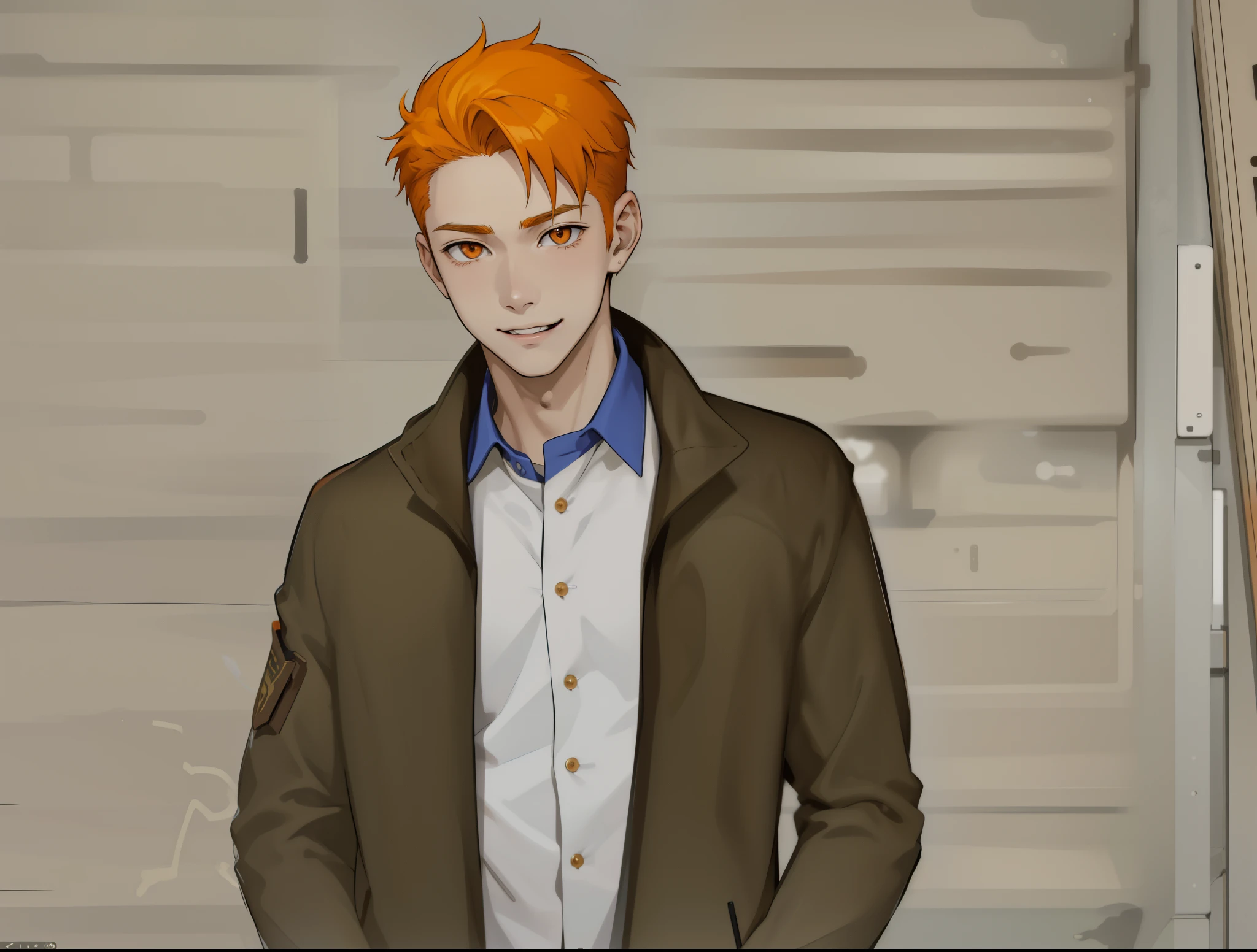 (estilo anime 2d plano) He is talking to someone, opens his mouth, cute  boy, shy smile, orange eyes, orange hair, has a scar on his face.