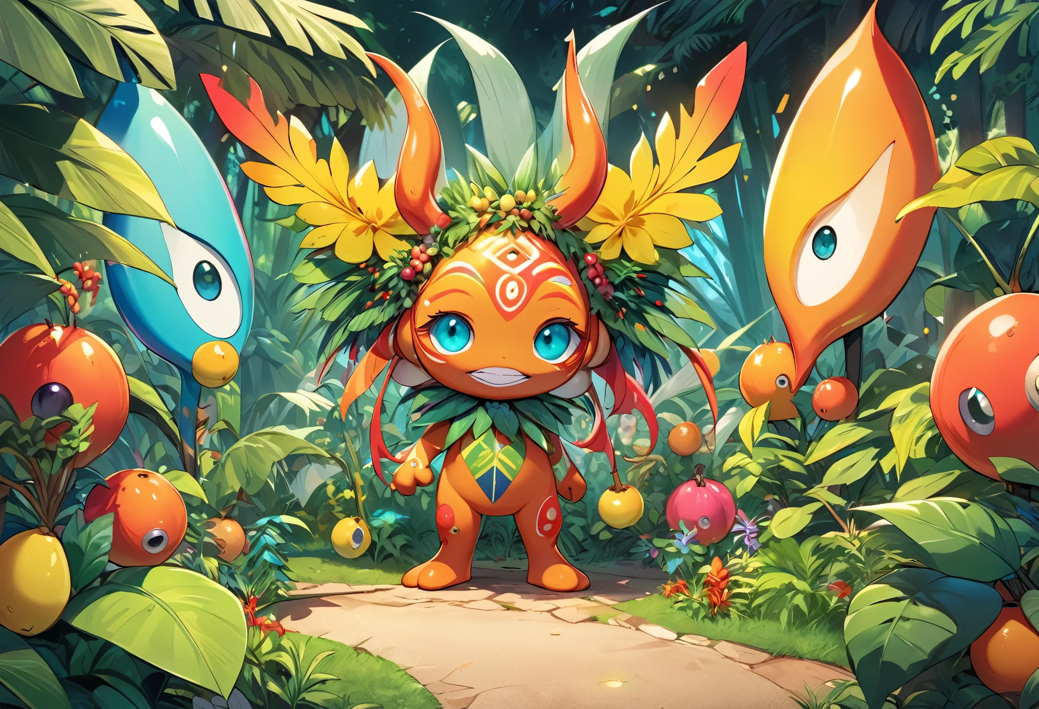 Anthropomorphic forest spirit in a garden full with uncanny plants imbued with sentience, with guarana type fruits looking like eyes, surrounded by colourful representations of m-RNA in a Brazilian Carnaval vibe full of scientific sophistication.