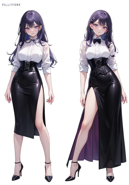 Purple Hair,long hair,Adult female,(suit),White Y-shirt,((Rolling up his sleeves)),(corset),(Black tight skirt),(High heels),Heels are visible,((Simple white background)),smile,((whole body)),((full body)),
