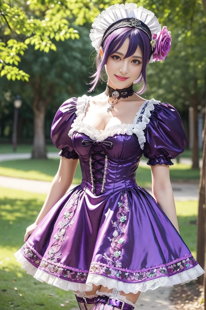 (nsfw), sexy stylish Swedish model, only 1 female, ((doll-like appearance)), short purple stylish hair, ((shiny Victorian-Style boots)), (big smile), ultra detailed eyes, vivid eye makeup, lipgloss, long lashes, defined eyebrows, ((sexy Paradise Kiss cosplay)), bell-shaped skirt, petticoats, high neckline, puffed sleeves, ((ultra detailed lace)), ((ultra detailed embroidery)), intricate details, Paradise Kiss accessoires and matching headpiece, choker, ((large sparkling Paradise Kiss jewelry)), cinematic light, detailed large park background with trees