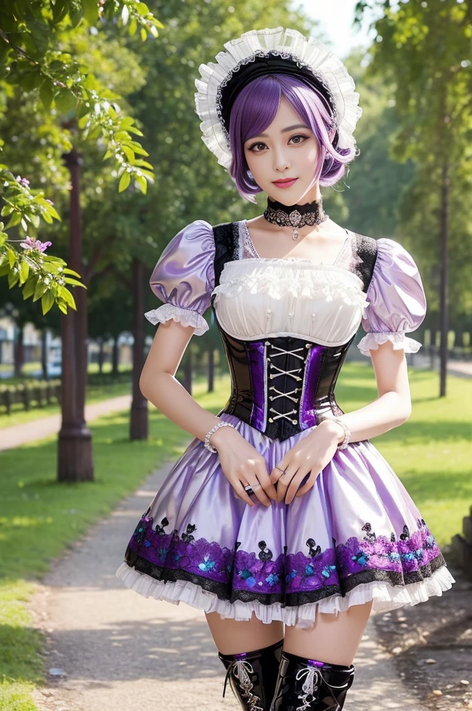 (nsfw), sexy stylish Swedish model, only 1 female, ((doll-like appearance)), short purple stylish hair, ((shiny Victorian-Style boots)), (big smile), ultra detailed eyes, vivid eye makeup, lipgloss, long lashes, defined eyebrows, ((sexy Paradise Kiss cosplay)), bell-shaped skirt, petticoats, high neckline, puffed sleeves, ((ultra detailed lace)), ((ultra detailed embroidery)), intricate details, Paradise Kiss accessoires and matching headpiece, choker, ((large sparkling Paradise Kiss jewelry)), cinematic light, detailed large park background with trees