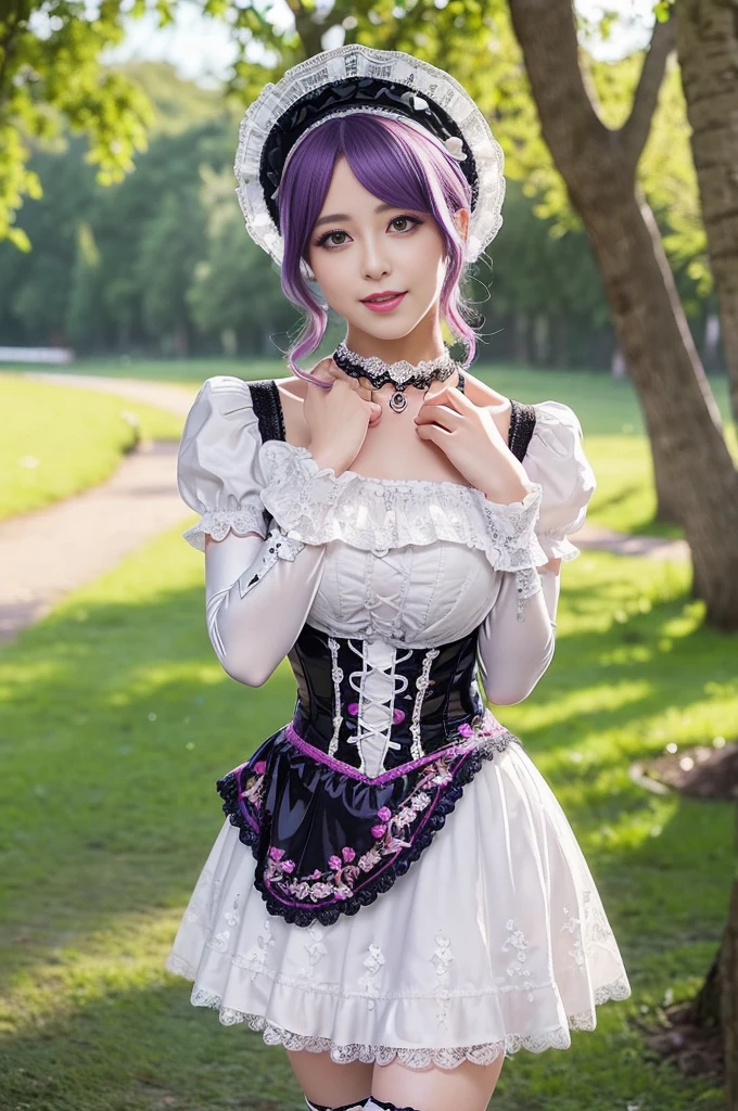 (nsfw), sexy stylish Swedish model, only 1 female, ((doll-like appearance)), short purple stylish hair, ((shiny Victorian-Style boots)), (big smile), ultra detailed eyes, vivid eye makeup, lipgloss, long lashes, defined eyebrows, ((sexy Paradise Kiss cosplay)), bell-shaped skirt, petticoats, high neckline, puffed sleeves, ((ultra detailed lace)), ((ultra detailed embroidery)), intricate details, Paradise Kiss accessoires and matching headpiece, choker, ((large sparkling Paradise Kiss jewelry)), cinematic light, detailed large park background with trees