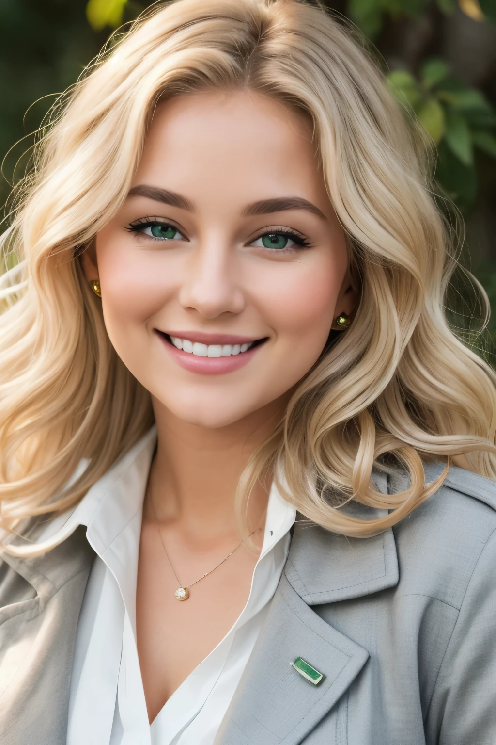 Beautiful lady with a smile on her face, blonde wavy hair, Ultra Realistic, slight dimple on the face, Miniature face, green eyes. Wearing a white blouse and a gray jacket. realistic image
