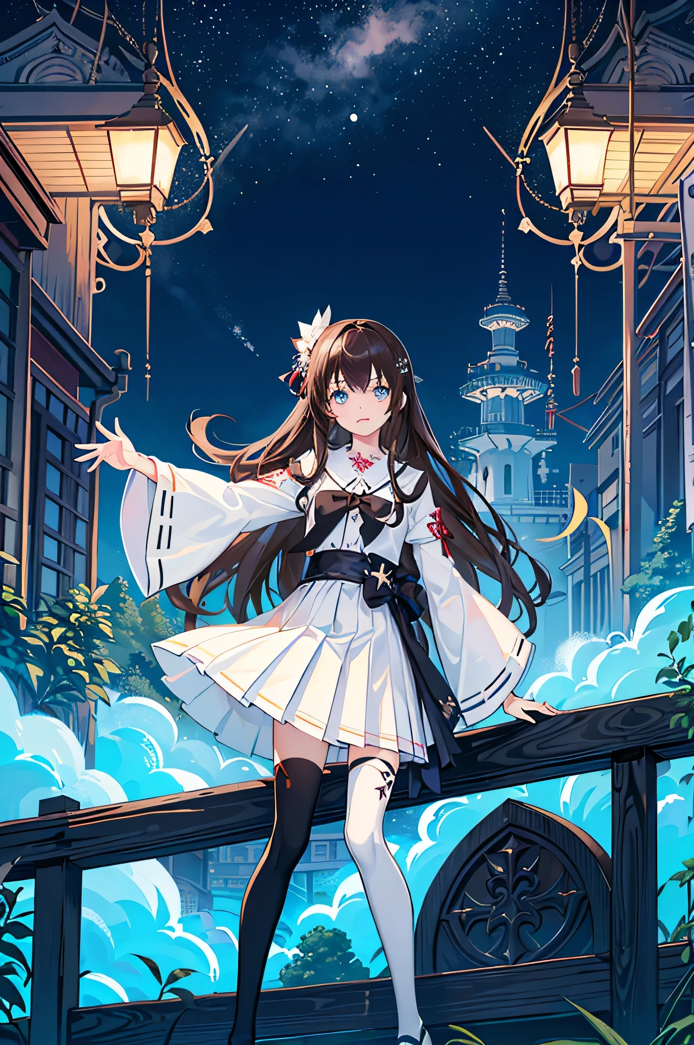 1girl, solo, outdoors, long hair, holy place, Original,(Illustration:1.1),(Best Quality),(masutepiece:1.1),(the Extremely Detailed CG Unity 8K Wallpapers:1.1), (Colorful:0.9),(mid-shot:0.95),(extremely detailed beautiful face),(Solo:1.2), (girl),(((Lori))), (Detailed beautiful eyes:1.15), (Beautiful face:1.15), (Glowing blue eyes:1.25////),(((Brown Long Hair))),(two side up),(+perfect hand+:1.21),(Draw illustration of Japan priestess costume),(slender),(White pleated skirt),(Gothic),((black thighhighs)),(frilld),(Beautiful Slender Lolita Girl),hallowween,standing, girl,10 years old, girl,
