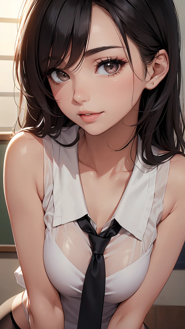 concept:A portrait of a beautiful woman。 

quality:(highest quality, 4k, High resolution, masterpiece:1.2), Super detailed, (real, photorealistic:1.37), 

illumination:cinematic light, Bright colors and mesmerizing effects, Soft and delicate illumination, gentle shine, Lens flare, Beautiful and gentle atmosphere throughout the scene, 

Subject information:alone, ((young woman)),  (round eyes), (small face), (high detail skin:1.2), long eyelashes, glossy lips, (black hair, long straight, reddish brown eyes), attractive chest line, (slim body shape:1.4, A woman with a slender body and big breasts), Highly detailed face and skin texture, (happy expression), ((facing the front:1.2)), (Place both hands behind the body:1.5, photo shootのためポーズをとる, sexy pose), (((school uniform, girls school uniform:1.2, 40 denier stockings))), 


Other details:after school:1.5, standing pose:1.2, beautiful skin, shiny skin, perfect fingers, five fingers, anatomically correct, background bokeh, 500㎜, f/4, photo shoot,