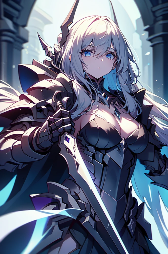 skeleton girl, death knight, long hair, solo, holding spear, gauntlets, armored, dark theme