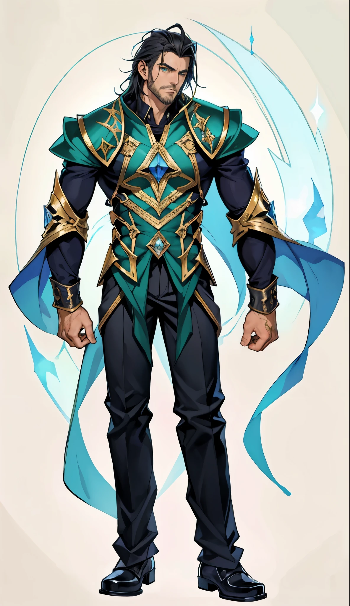 A middle-aged man with long black hair, a metal forehead protector, large triangular eyes, square stubble, a dignified expression, a long face, a dignified expression, a tall physique, a luxurious fantasy-style coat adorned with golden patterns and a green crystal in the center, wide short sleeves, metal wrist guards, two-tone linen trousers, thick cloth shoes, the backdrop of a completely black fantasy-style fortress, this character embodies a finely crafted fantasy-style overlord in anime style, exquisite and mature manga art style, dramatic, high definition, best quality, highres, ultra-detailed, ultra-fine painting, extremely delicate, professional, perfect body proportions, golden ratio, anatomically correct, symmetrical face, extremely detailed eyes and face, high quality eyes, creativity, RAW photo, UHD, 32k, Natural light, cinematic lighting, masterpiece-anatomy-perfect, masterpiece:1.5