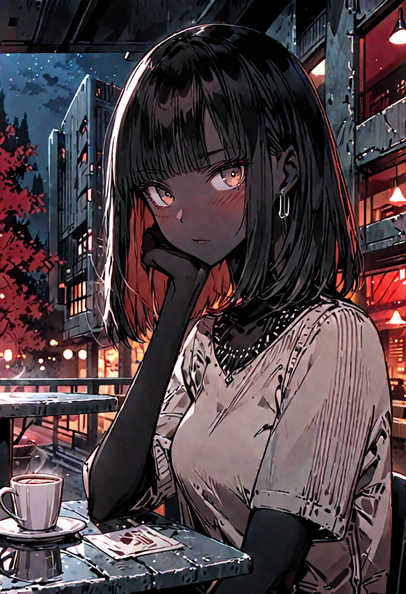 female, sfw, medium shot, long hair, black hair, bob cut hair, futuristic, brutalist architecture, red forest landscape, brown eyes, black skin, sitting, close up, casual clothes, night, blush, café, cup, table